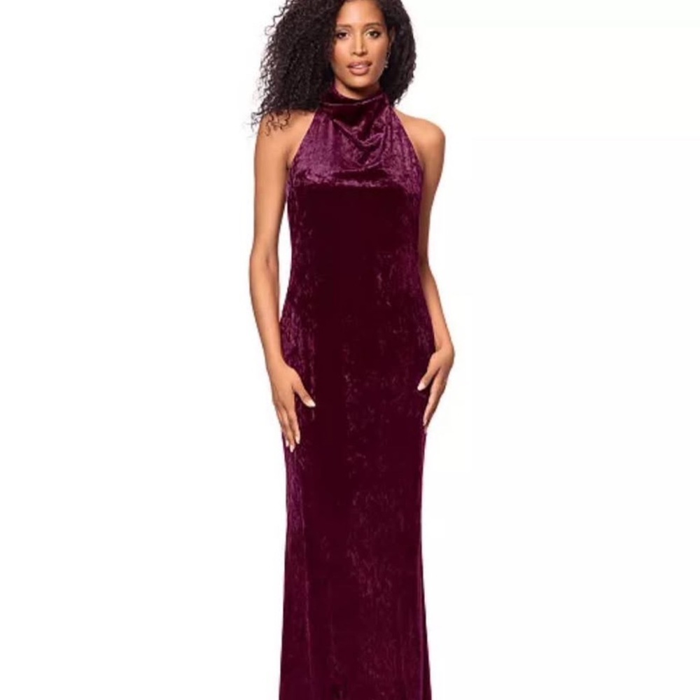 Betsy & Adam Velvet Halter Maxi Dress - Deep Burgundy